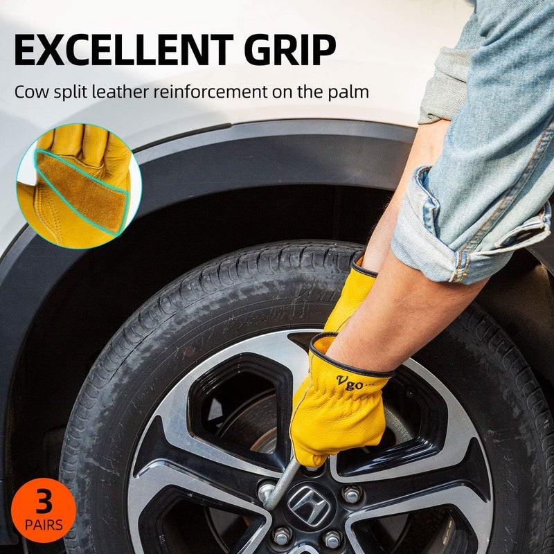 Vgo... 3-Pairs Unlined Cow Grain Leather Work and Driver Gloves with Cow Split Leather Palm Patch (Size XL, Gold,CA9590) - Image 5